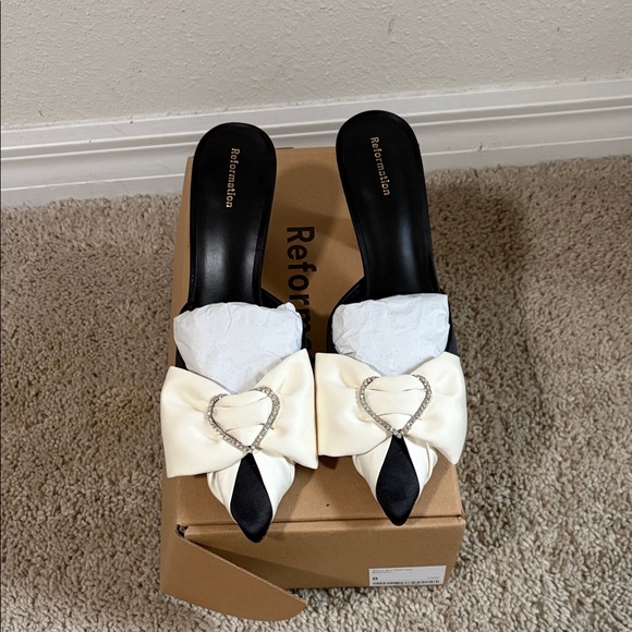Reformation Shoes - Reformation Wilson Bow Cream Satin Heart-Embellished Pointed Mule